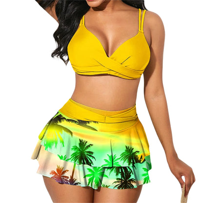 Women´s 2Pcs Swimsuit Set, Solid Color Wrap Bikini Tops + Ruffle Skirt Bottom Set Swimwear