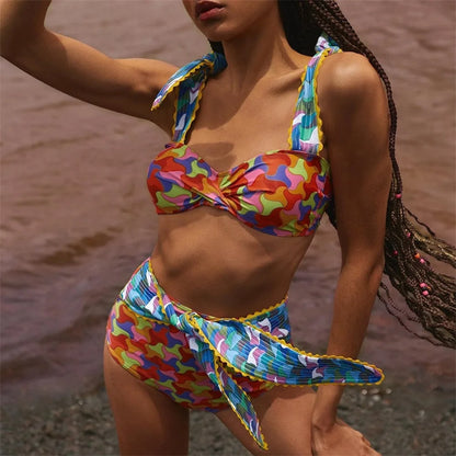 Two-Pieces Women Floral 2025 Push-Up Padded Bra Ruffles Bandage Bikini Set Swimsuit Swimwear Bathing Suit Beachwear Biquini