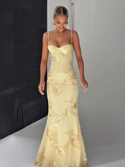 Women Elegant Printed Long Dress Chic Back Lace Up Slim Fish Tail Pendulum Sling Robes 2025 New Lady Party Club Evening Gowms