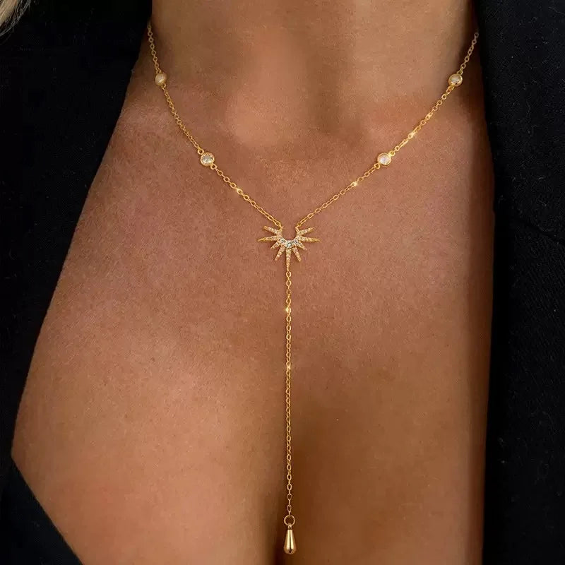 Fashion Gold Color Y-Shaped Pendant Necklaces For Women Girls Luxury Cubic Zirconia Long Tassel Dangle Choker Jewelry Gift