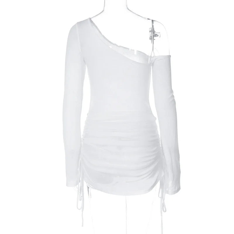 ALLNeon Fairycore White Perspective Oblique Shoulder Long Sleeve Mini Dress Hotsweet Shirring Hipster Dresses Sexy Clubwear Y2K