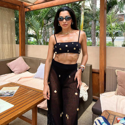 Sexy 3 Pieces Bikini Women Swimsuit With Crochet Pants Female Swimwear One Shoulder Bikini Tassels Swim Suit Bodysuit Beachwear