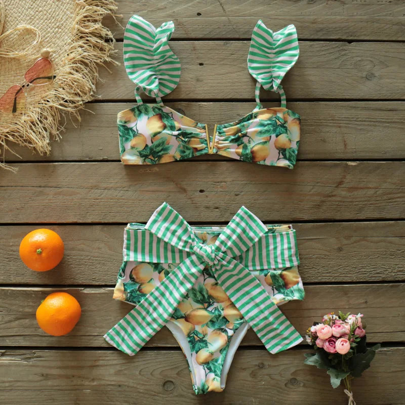 Two-Pieces Women Floral 2025 Push-Up Padded Bra Ruffles Bandage Bikini Set Swimsuit Swimwear Bathing Suit Beachwear Biquini