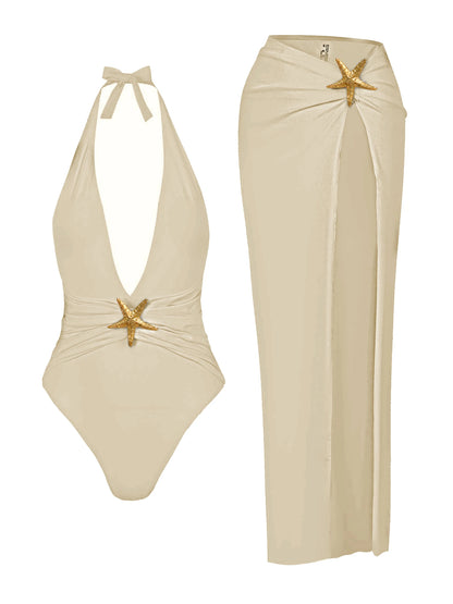Starfish One Piece Bathing Suits with High Split Skirt Cover ups 2 Piece Swimsuits for Elegant Women Sexy Halter Bikini Sets K59