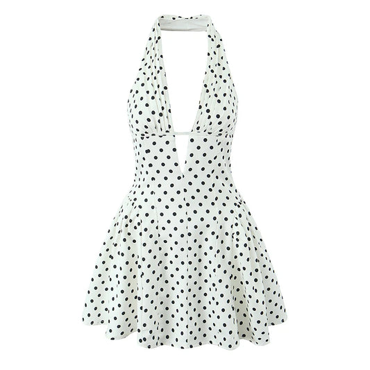 YENKYE French Style Retro Polka Dot Deep V Halter Dress Women Sexy Backless A-line Slim Sweet Elegant Mini Dresses Summer Robe
