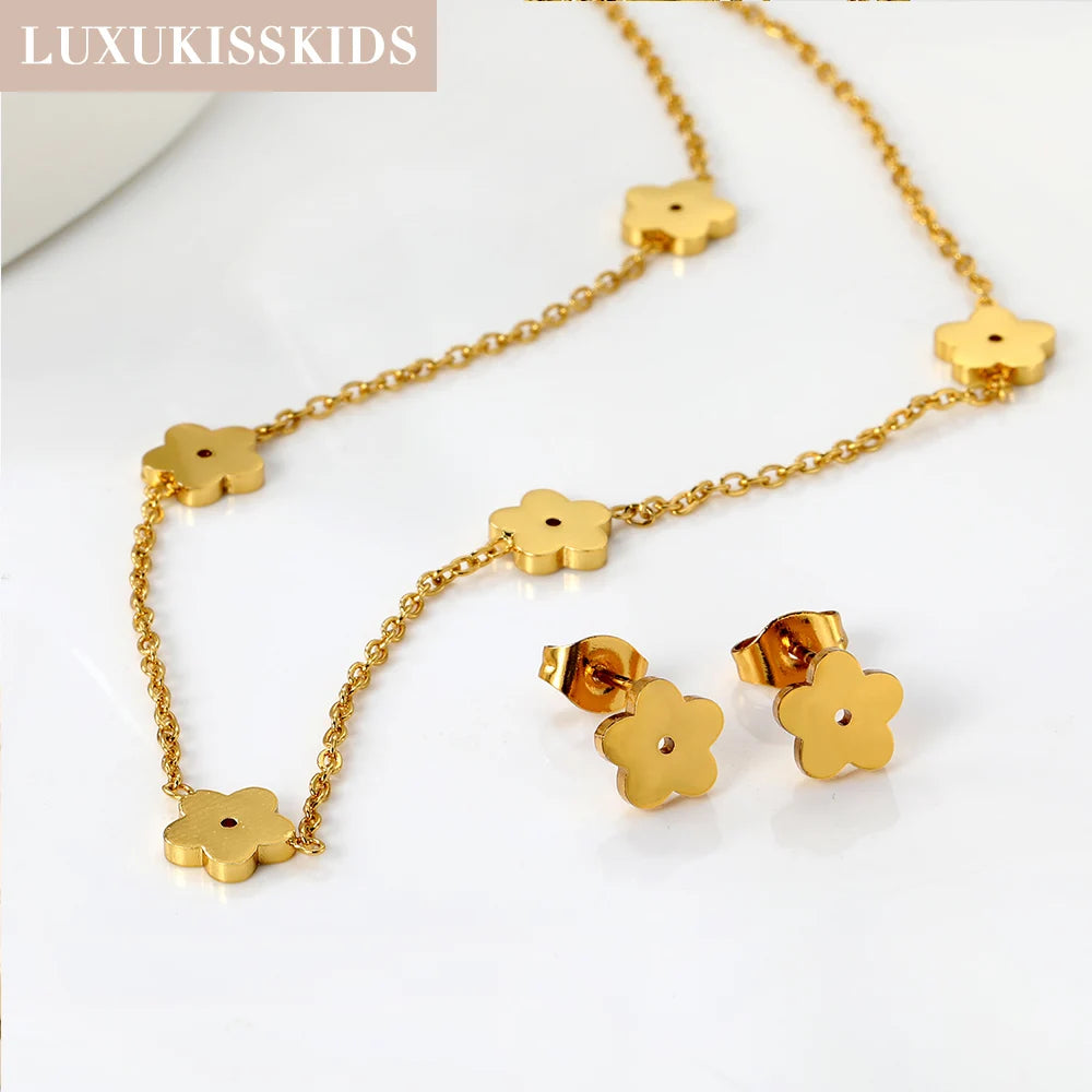 LUXUKISSKIDS Fashion Cubic Love Heart Minimalist Jewelry Set Necklace Earrings Bracelets Stainless Steel Women/Girls Accesories