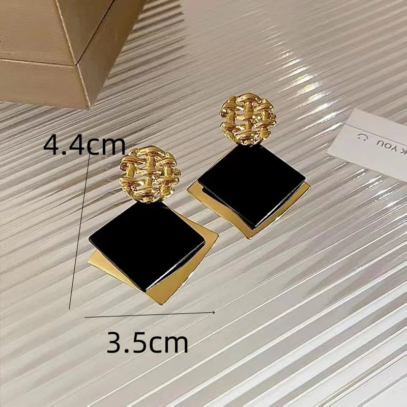 Double Layers Big Square Black Rhombus Metal Fold Drop Earrings Trendy Geometry Sequins Statement Brincos for Women Jewelry Gift