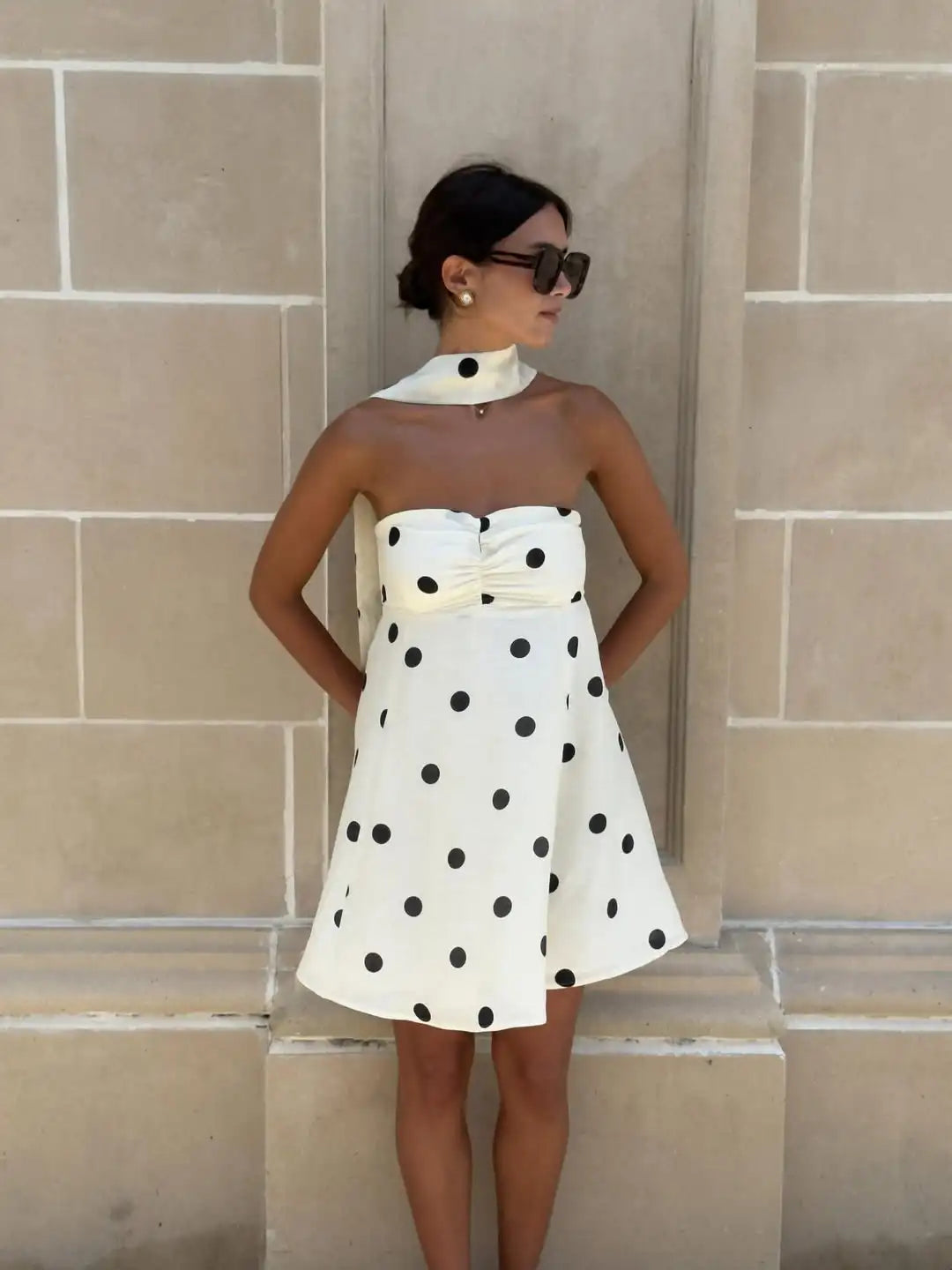 Ticketsx Polka Dot Dress Women's Sexy Scarf One Shoulder Backless Pleated Strapless Mini Dress Female Summer Luxury Loose Dress