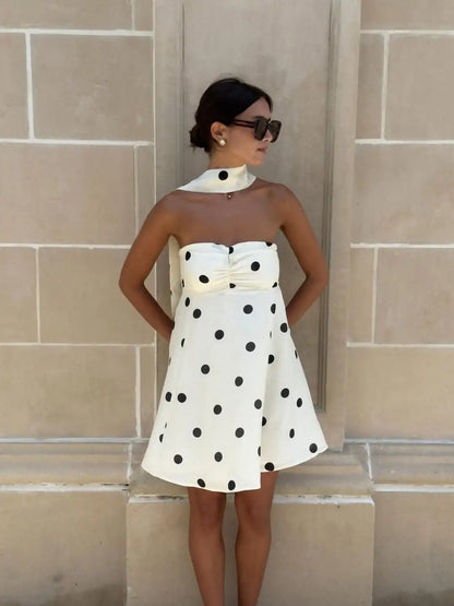 Ticketsx Polka Dot Dress Women's Sexy Scarf One Shoulder Backless Pleated Strapless Mini Dress Female Summer Luxury Loose Dress