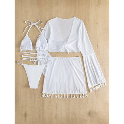 S - XL With Tassel Skirt Long Sleeve Bikini Women Swimwear Female Swimsuit Four-pieces Bikini set Bather Bathing Suit Swim V7060