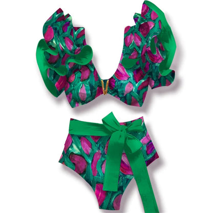Two-Pieces Women Floral 2025 Push-Up Padded Bra Ruffles Bandage Bikini Set Swimsuit Swimwear Bathing Suit Beachwear Biquini