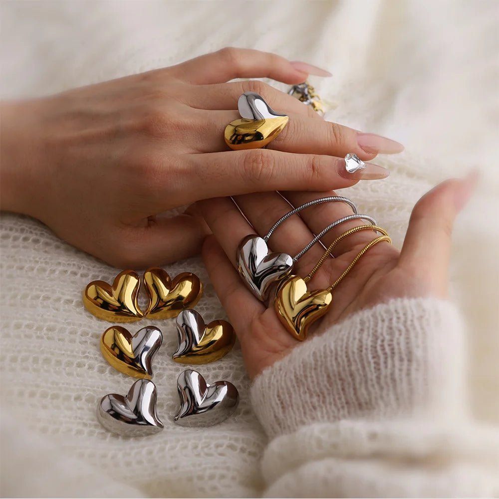 LUXUKISSKIDS Fashion Cubic Love Heart Minimalist Jewelry Set Necklace Earrings Bracelets Stainless Steel Women/Girls Accesories