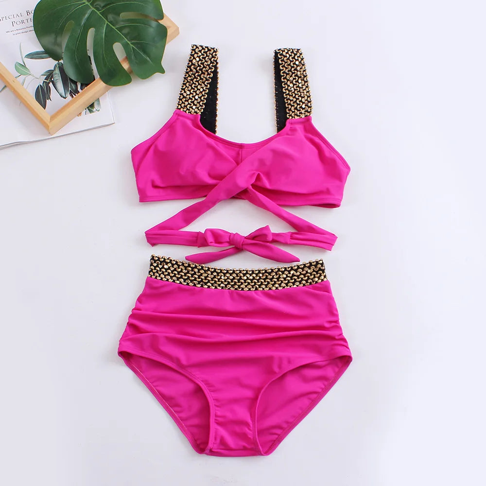 Cross High Waist Bikinis 2025 Women Black Swimwear Solid Swimsuit Female Beachwear Summer Bathers Bathing Suit Swimming