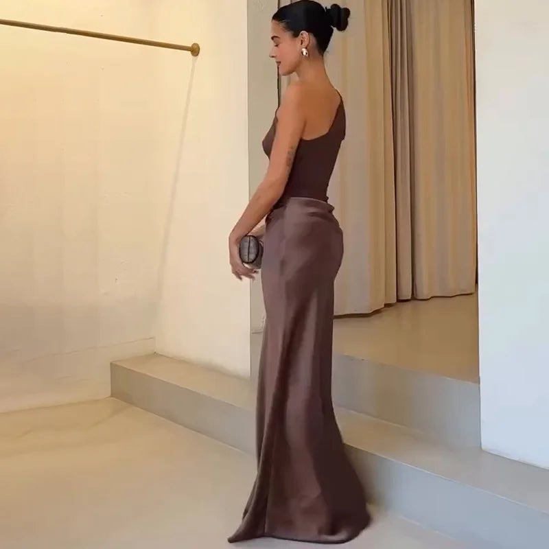 Satin Patchwork One-Shoulder Sexy Maxi Dress Women Sleeveless Ruched Bodycon Dress 2025 New Elegant Wedding Evening Party Robes