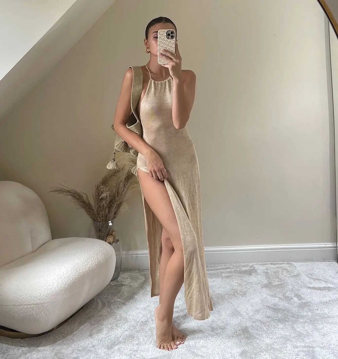 Para Praia Knitted Cover Up Beach Dress Sexy See Through Slit Bodycon Summer Dress Bikinis Cover-ups  Elegant Halter Beachdress