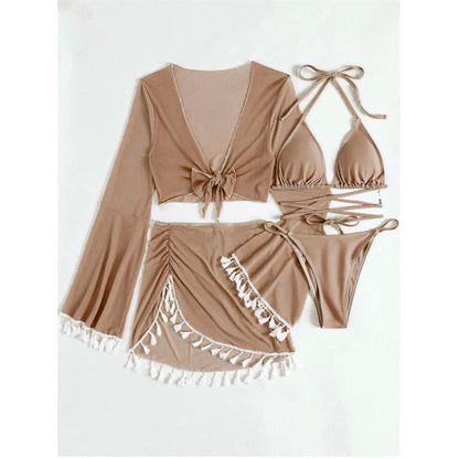 S - XL With Tassel Skirt Long Sleeve Bikini Women Swimwear Female Swimsuit Four-pieces Bikini set Bather Bathing Suit Swim V7060