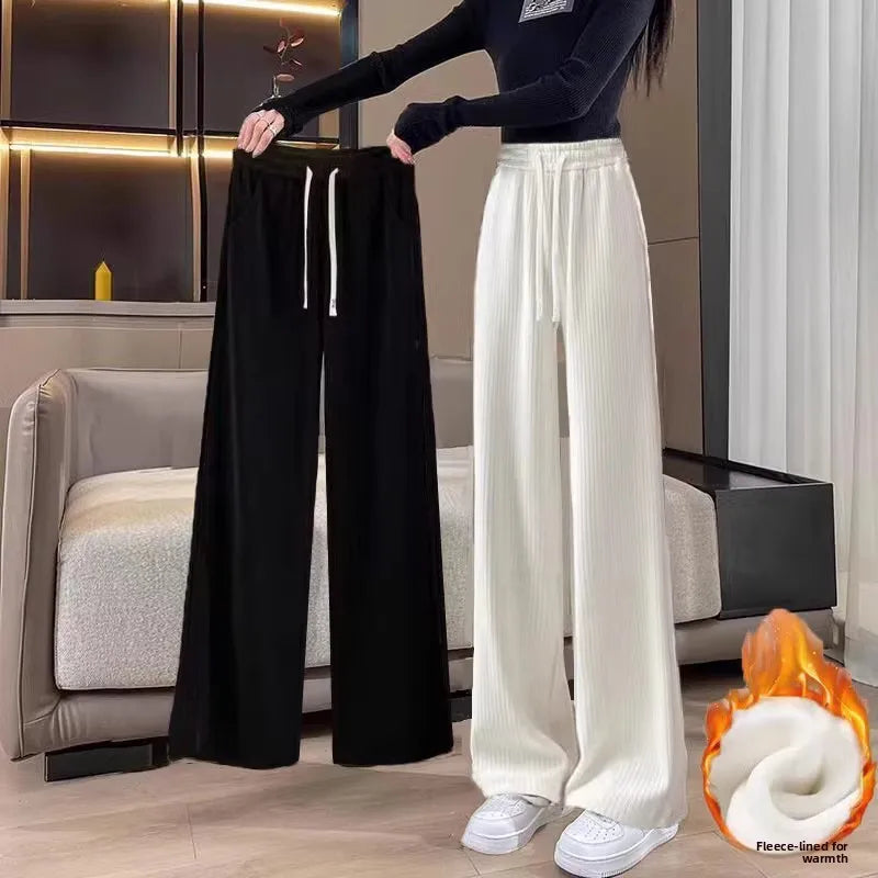 High Waist Wide Leg Pants Women's Autumn Winter Flannel Fce Lined Straight Cut Trousers Casual High Waist Pants