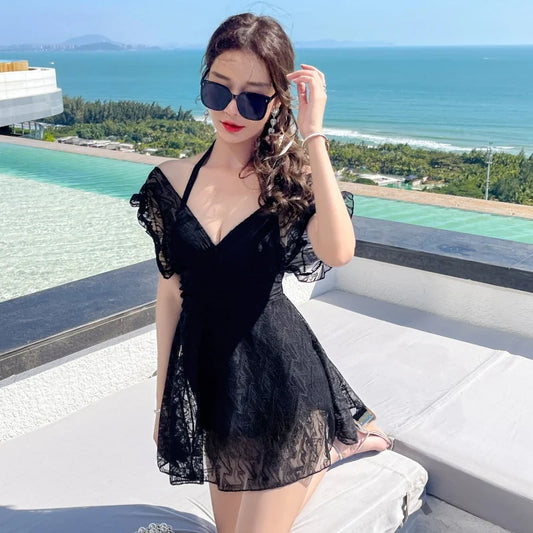 Ele Lace One-Piece Swimsuit Women's High Waist Brief Svel Slimming Thermal Bathing Suit Casual  Color Swimwear