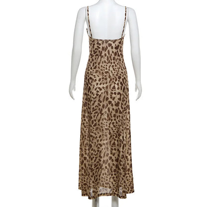Vintage Leopard Print Sexy Cami Dress Women V Neck Sleeveless Party Dress Fashion 2024 Summer Streetwear Dress
