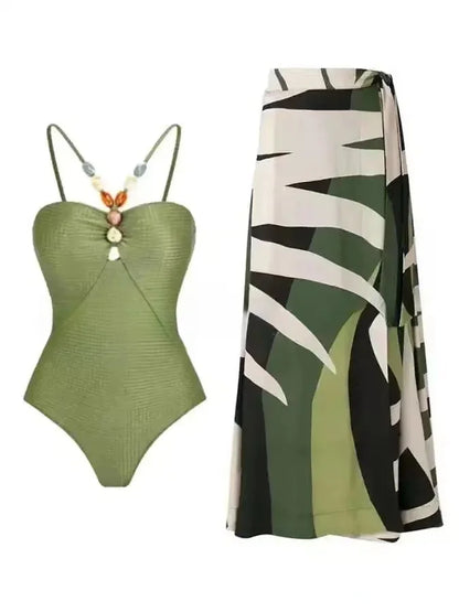 Conservative Bikini One-Piece Swimsuit with Beach Skirt Shantung Wrap for Hot Springs Women's Fashion Swimming Costume