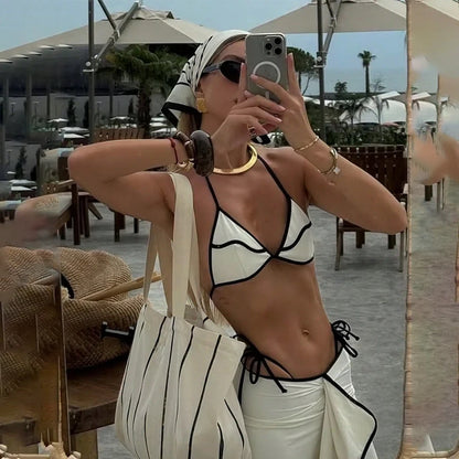 Para Praia Print Three Pieces Bikini Set with Long Skrit 2025 Swimwear Women Sexy Swimsuit Beachdress Bathing Suit Outfits