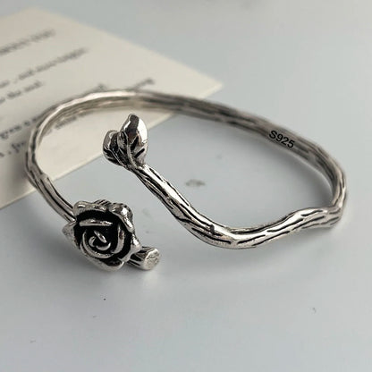 100% Solid 925 Sterling Silver Metal Bracelet for Women Vintage Handmade Simple Retro Flower Chain Bracelet Birthday Gift Party