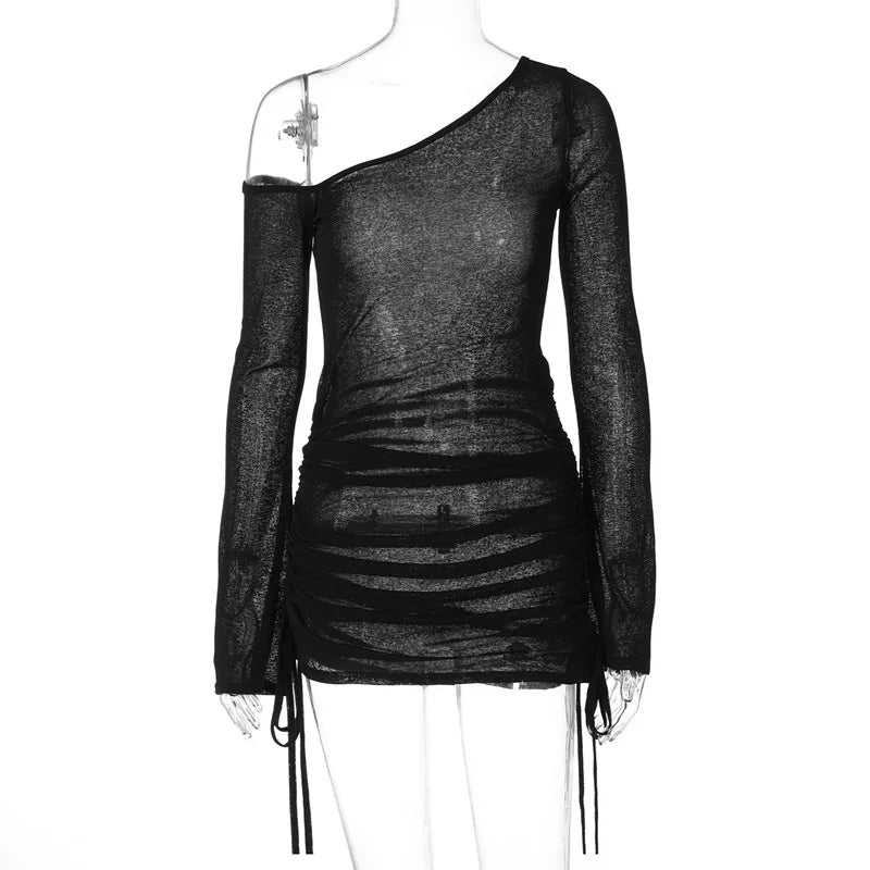 ALLNeon Fairycore White Perspective Oblique Shoulder Long Sleeve Mini Dress Hotsweet Shirring Hipster Dresses Sexy Clubwear Y2K