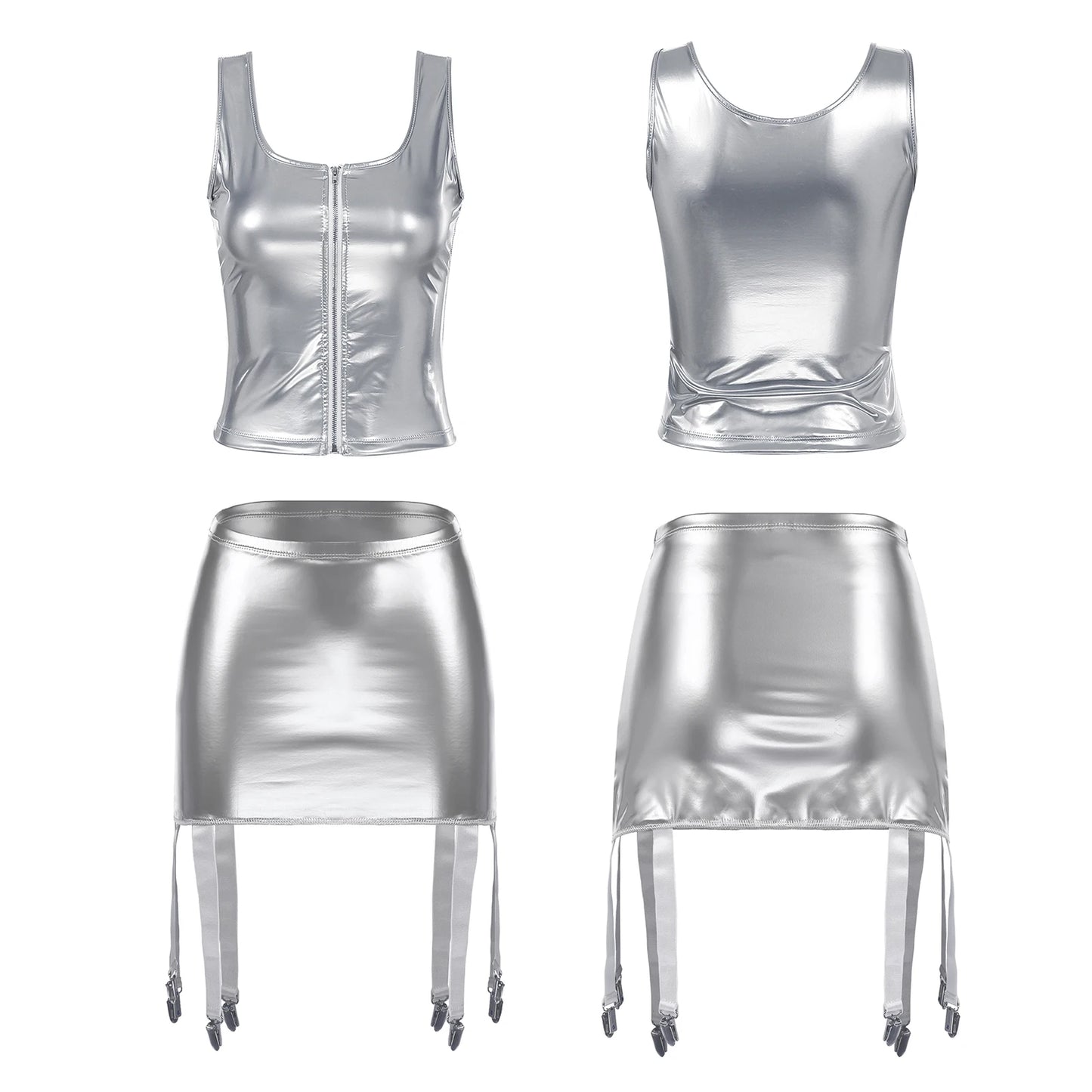 Womens Wet Look Patent Leather Lingerie Two Piece Set U Neck Zipper Tank Top with High Waist Garter Skirt Club Party Costume