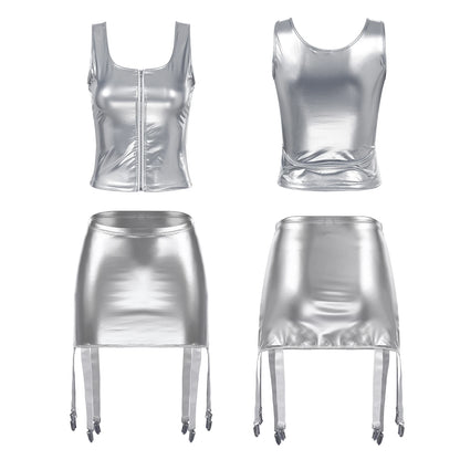 Womens Wet Look Patent Leather Lingerie Two Piece Set U Neck Zipper Tank Top with High Waist Garter Skirt Club Party Costume
