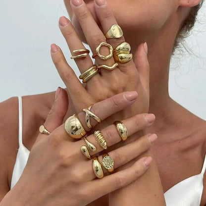 PuRui 14Pcs/Set Retro Creative Silver Color Rings for Women Men Gothic Chunky Thick Hollow Rings Finger Open Adjustable Jewelry