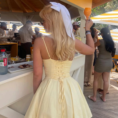 Mingmingxi 2024 Summer Lovely A Line Dress Yellow Sexy Party Dresses Hollow Out Lace Up Elegant Holiday Dress Women