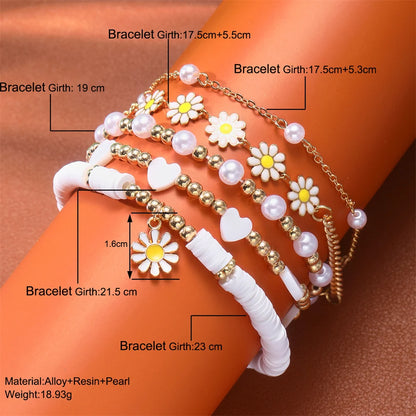 4pcs Vintage Daisy Flower Pendant Faux Pearl Bracelet Set for Women Bohemian Beaded Enamel Star Stackable Hand String Jewelry