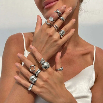 PuRui 14Pcs/Set Retro Creative Silver Color Rings for Women Men Gothic Chunky Thick Hollow Rings Finger Open Adjustable Jewelry