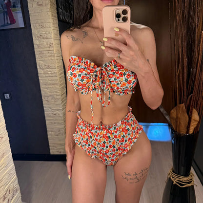 Flowers Printed Bandeau Female Swimsuit High Waist Bikini Women Swimwear Two-pieces Bikini set Bather Bathing Suit Swim V6613