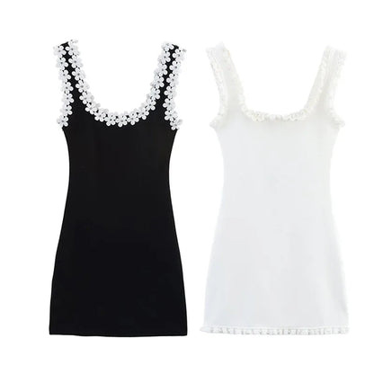 HH Female Summer Sexy Slim Dress 2 Color Solid Square Collar Sleeveless Backless Flower Decoration Women's Fashion Dresses