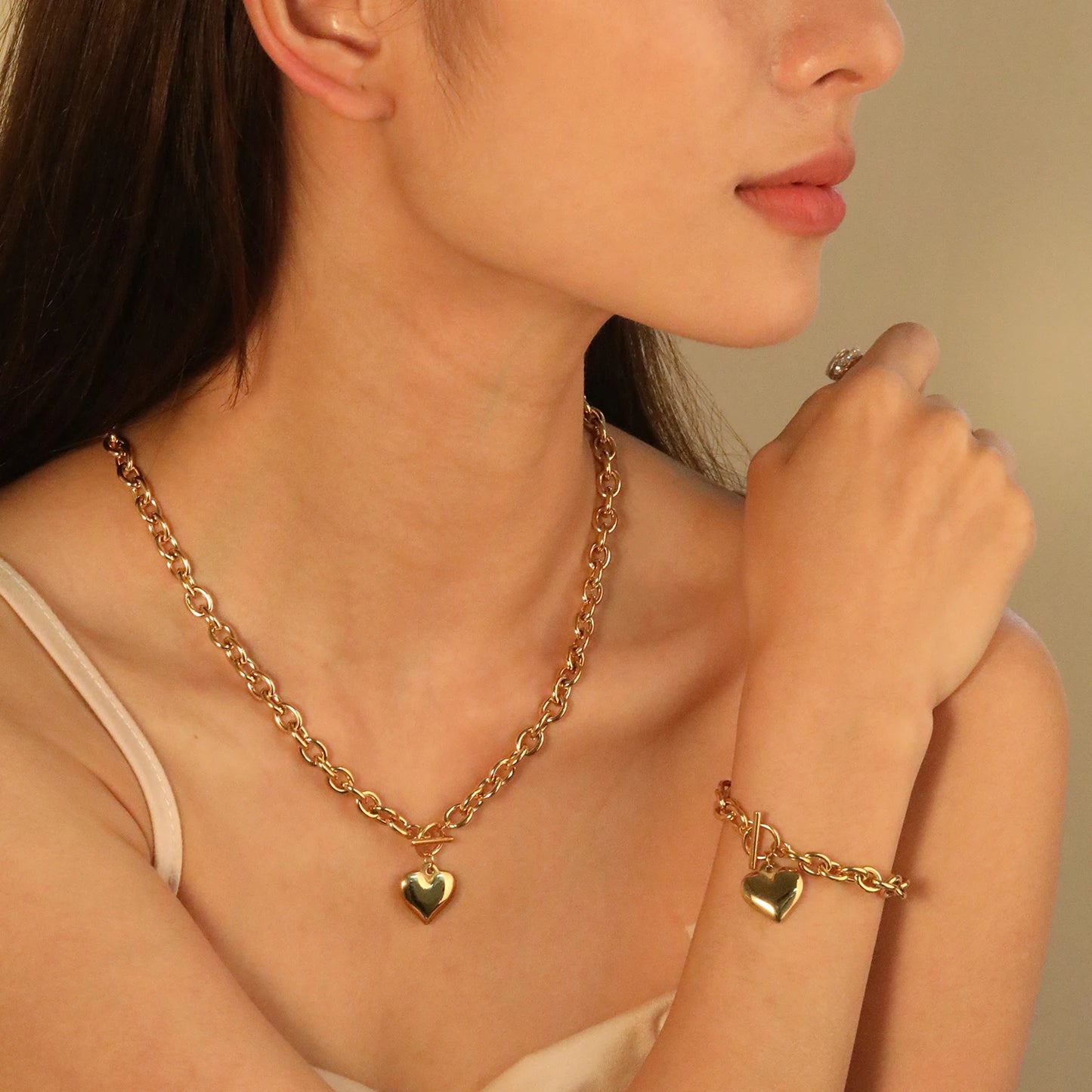 LUXUKISSKIDS Fashion Cubic Love Heart Minimalist Jewelry Set Necklace Earrings Bracelets Stainless Steel Women/Girls Accesories