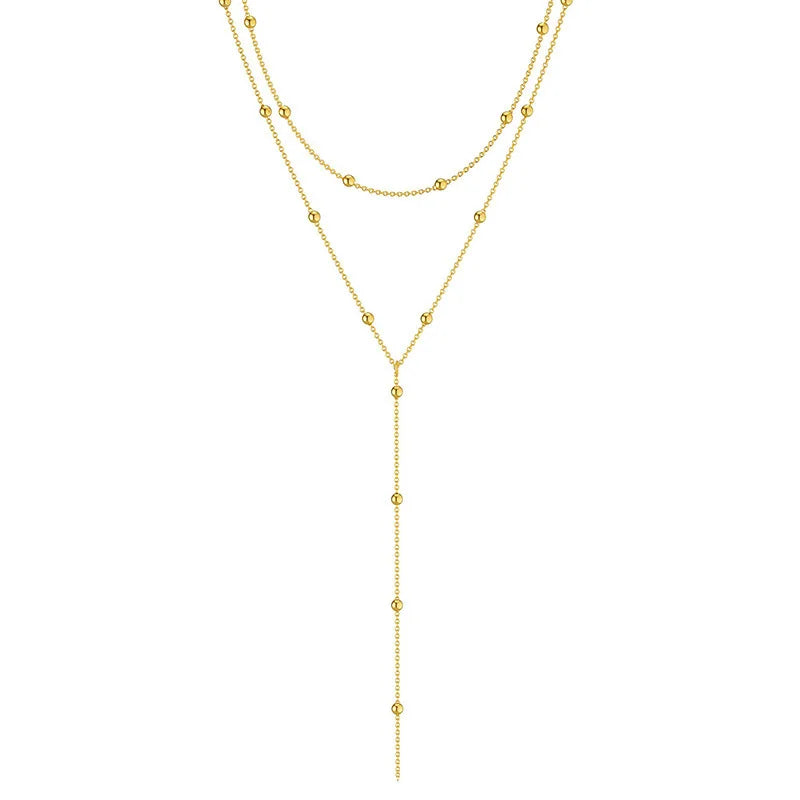 LATS Gold Color Double Layered Long Tassel Chain Necklaces for Women Simple Metal Geometric Bead Choker Necklace Fashion Jewelry