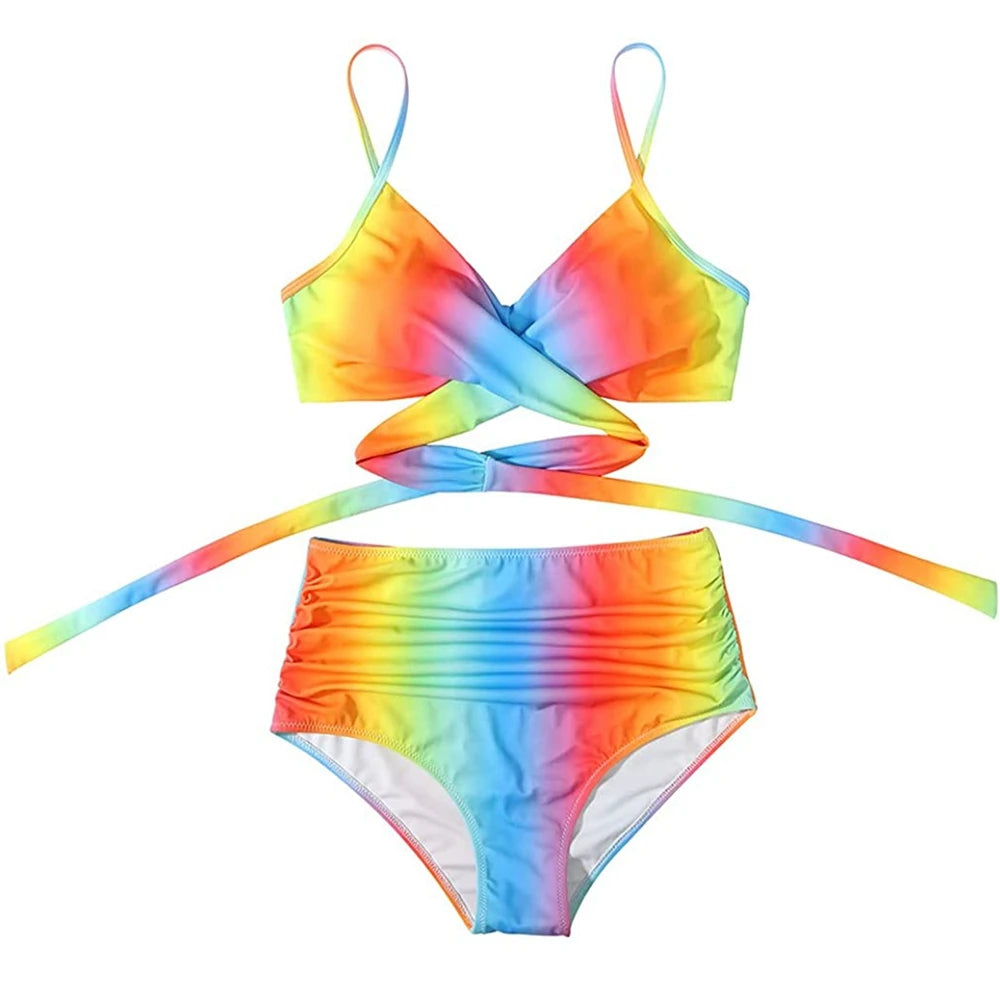 Hot 12 Colors Women Slim Bikini Sets High Waisted Sexy Swimwear 2 Pieces 2025 Solid/Floral Ruched Brazilian Swimsuit Cross Front