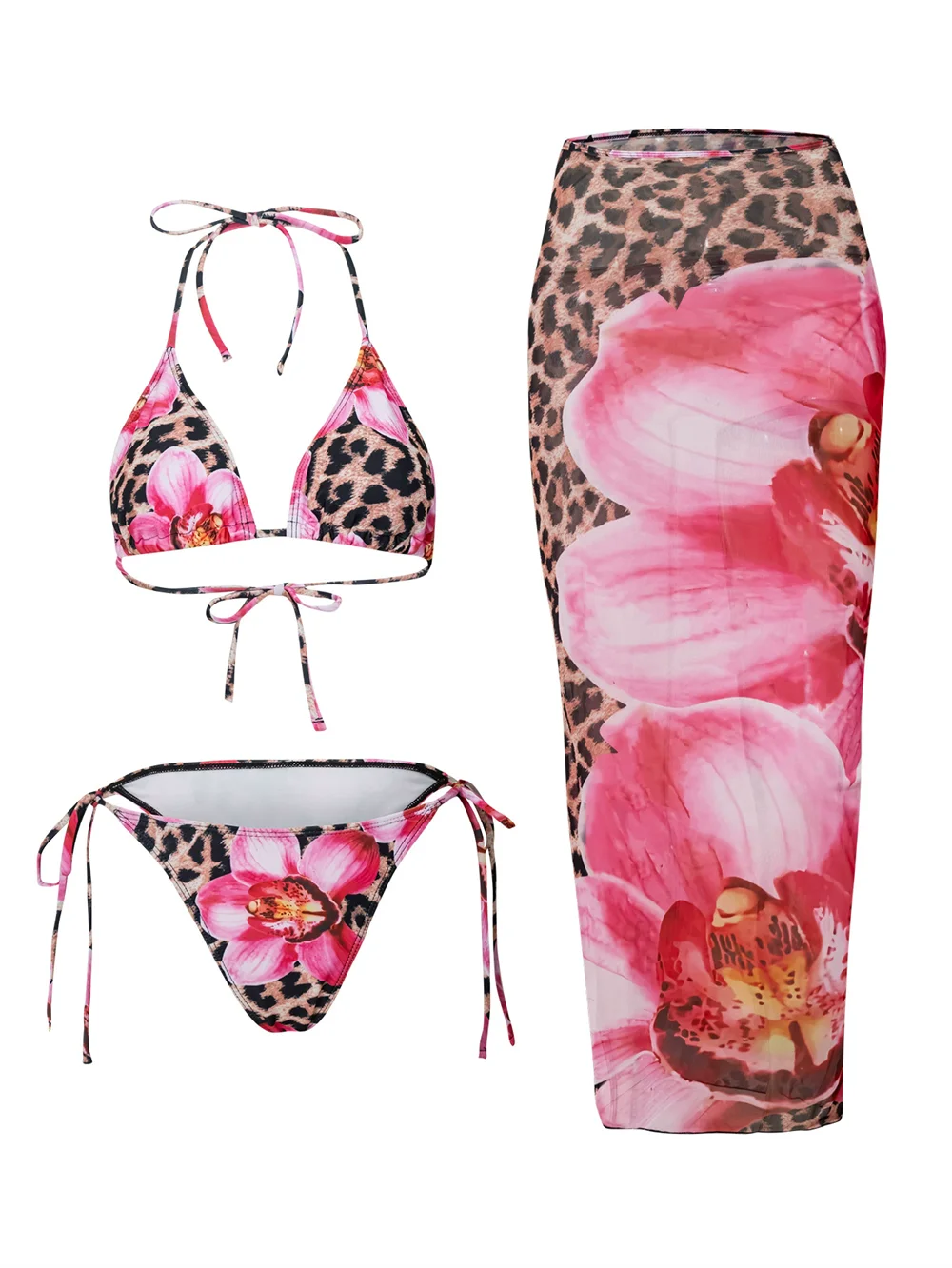 2025 New Flower Print Bikini Set Women's High Waist Long Skirt 3 Piece Swimsuit Sexy Mini Triangle Backless Thong Bathing Suit