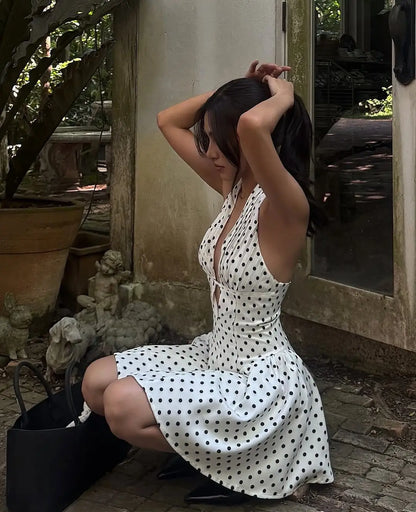 YENKYE French Style Retro Polka Dot Deep V Halter Dress Women Sexy Backless A-line Slim Sweet Elegant Mini Dresses Summer Robe