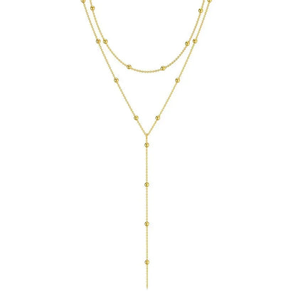 LATS Gold Color Double Layered Long Tassel Chain Necklaces for Women Simple Metal Geometric Bead Choker Necklace Fashion Jewelry