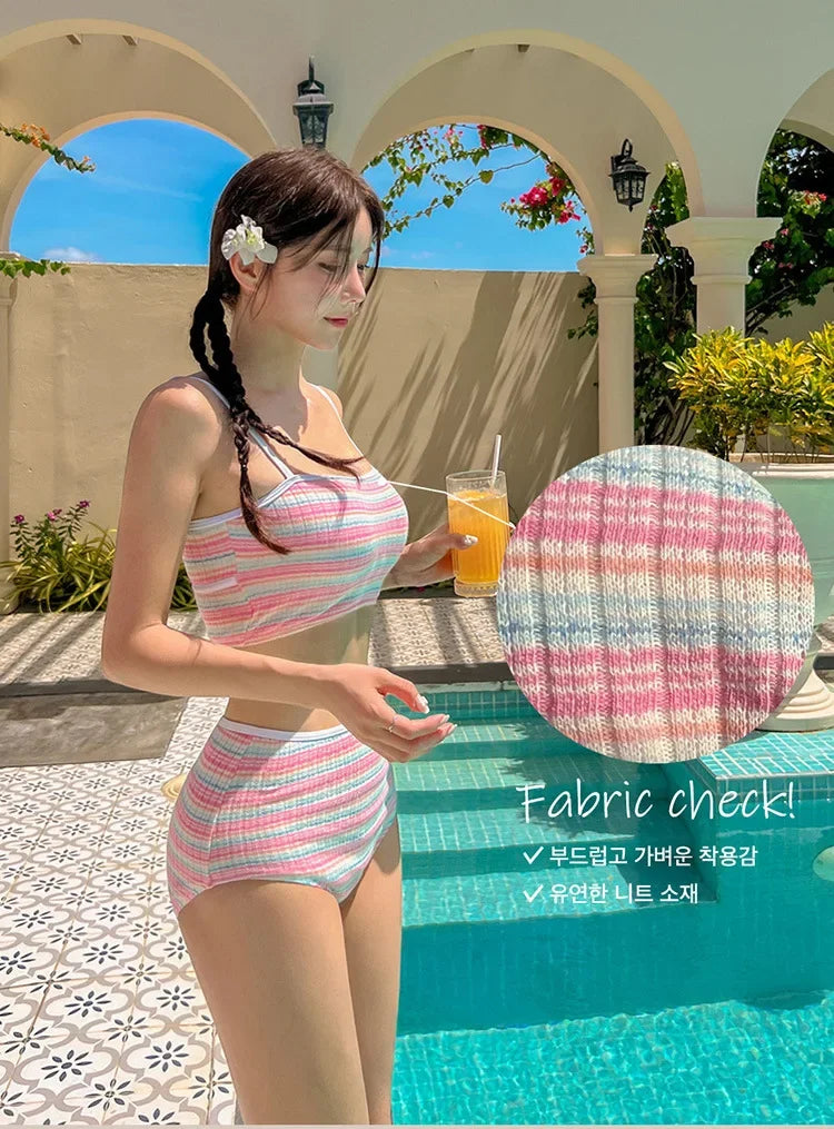 Retro Striped Bikini Set Women's Fresh Style Skirt Type Separate Swimming Suits Chinese Brand Summer Beachwear Swimwear