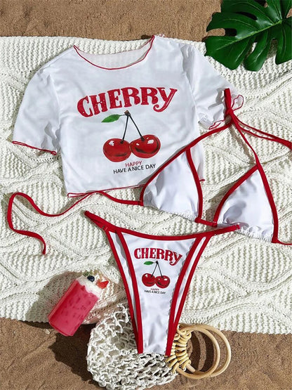 XS - L Cherry Printed Short Sleeve Bikini Female Swimsuit Women Swimwear Three-pieces Bikini set Bather Bathing Suit Swim V6854