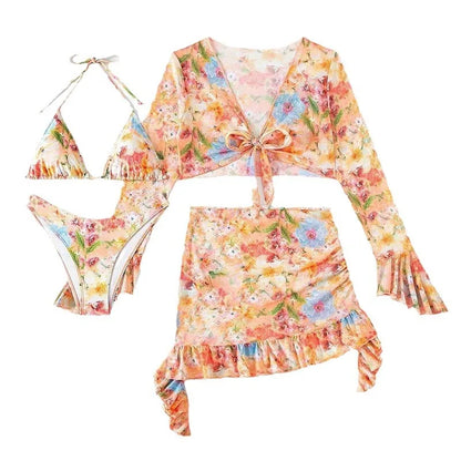 New Sexy Print Bikini Sets High Waist With Beach Skirt Long Sleeve Crop Top Swimwear Four Piece Bikini Set