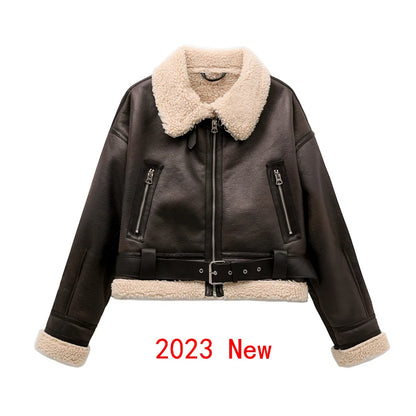 RARF 2024 New Woman's Fashion Thick Warm Faux Shearling Jacket Coat Vintage Long Sleeve Belt Hem Female Outerw