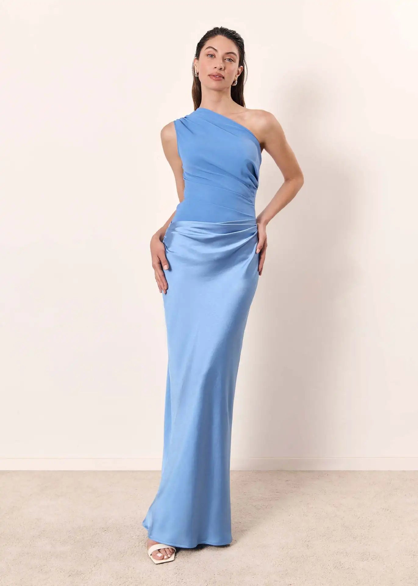 Satin Patchwork One-Shoulder Sexy Maxi Dress Women Sleeveless Ruched Bodycon Dress 2025 New Elegant Wedding Evening Party Robes