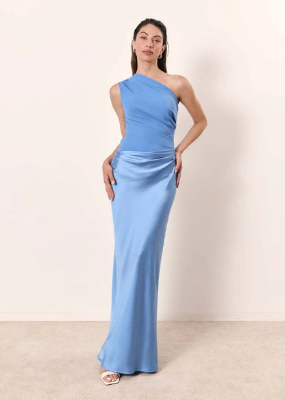 Satin Patchwork One-Shoulder Sexy Maxi Dress Women Sleeveless Ruched Bodycon Dress 2025 New Elegant Wedding Evening Party Robes