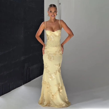 Women Elegant Printed Long Dress Chic Back Lace Up Slim Fish Tail Pendulum Sling Robes 2025 New Lady Party Club Evening Gowms