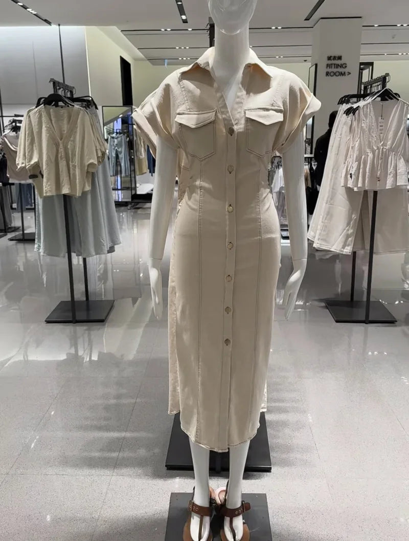 ETJ 2025  Spring New 1975 series denim MIDI dress with lapel side zipper fashion wrinkle waist slim elegant dress