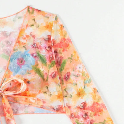 New Sexy Print Bikini Sets High Waist With Beach Skirt Long Sleeve Crop Top Swimwear Four Piece Bikini Set